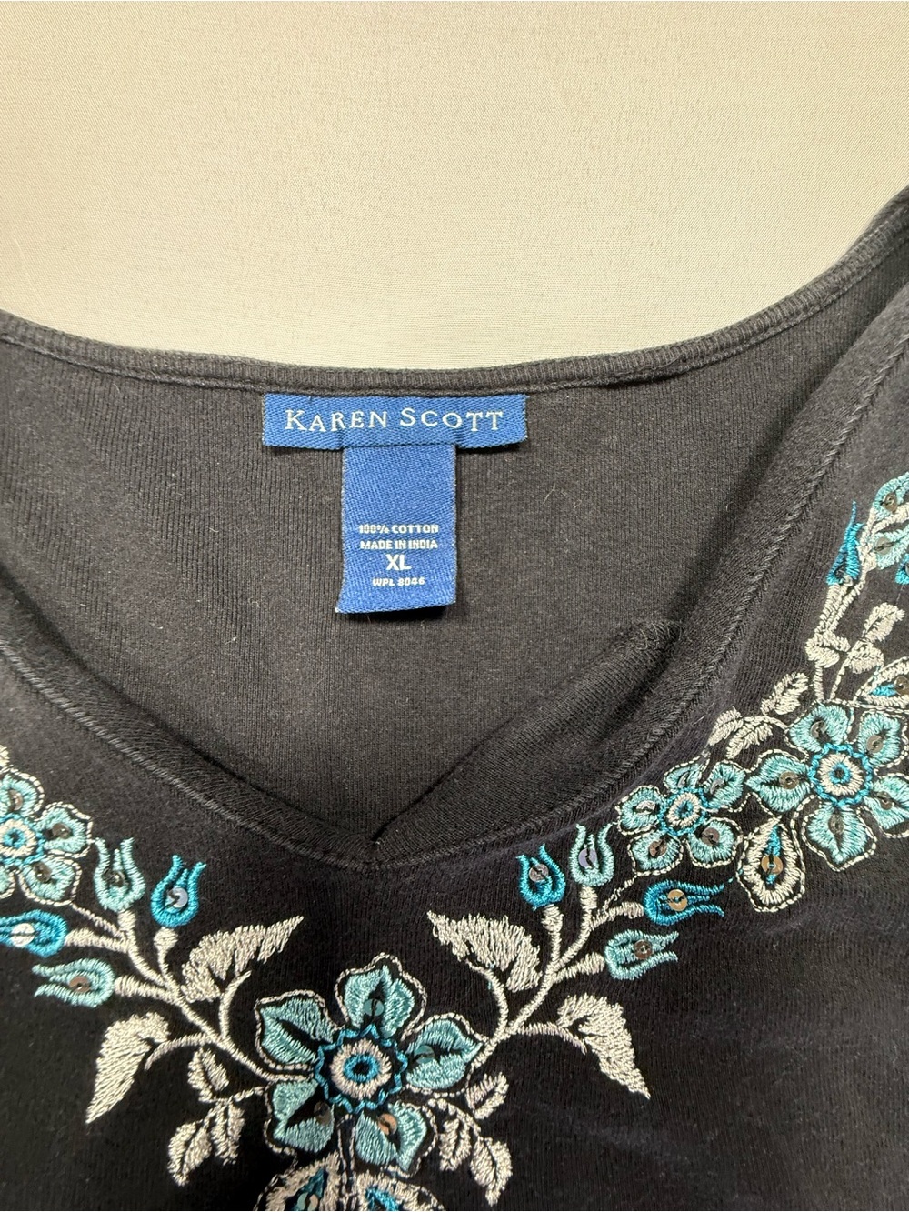 Karen Scott Black V-Neck Tank with Teal Floral Embroidery - Picture 3 of 6